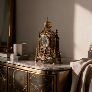 Barocke königliche Bronze-Tischuhr mit gotischem Bogenrahmen & verziertem Kronenaufsatz – Luxus-Tischuhr Lifestyle-Ansicht von Luxury Group International