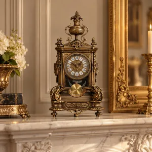 Barocke Luxus-Bronze-Tischuhr mit Urnenaufsatz und Pendel Lifestyle-Ansicht von Luxury Group International