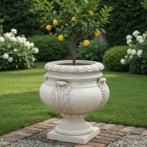 Baroque Urn Garden Planter with Sculptural Acanthus Leaf Accents - Luxury Planters Front View by Luxury Group International