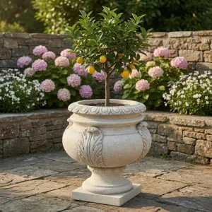 Baroque Urn Garden Planter with Sculptural Acanthus Leaf Accents - Luxury Planters Lifestyle View by Luxury Group International
