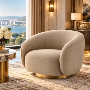 Beige Armchair with Curved Backrest and Golden Swivel Base - Luxury Hotel Furniture Lifestyle View by Luxury Group International