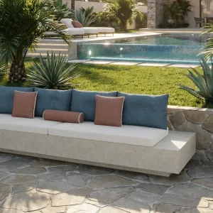 Beige Luxus L-förmiges Sofa aus Beton mit blauen Rückenkissen – Luxus Hotelmöbel Lifestyle-Ansicht von Luxury Group International