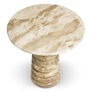 Tavolino rotondo in marmo beige con base a piedistallo sovrapposta dal design scultoreo - Tavolino di lusso Vista frontale di Luxury Group International