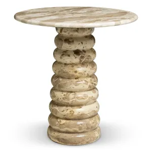 Tavolino rotondo in marmo beige con base a piedistallo sovrapposta dal design scultoreo - Tavolino di lusso Vista frontale di Luxury Group International