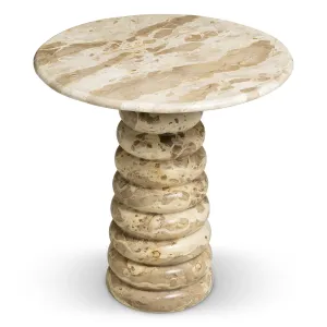 Tavolino rotondo in marmo beige con base a piedistallo sovrapposta dal design scultoreo - Tavolino di lusso Vista laterale di Luxury Group International