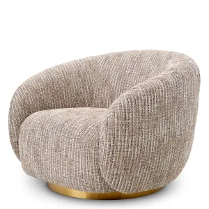 Beige Textured Fabric Lounge Chair with Curved Backrest and Golden Base - Luxury Hotel Furniture Front View by Luxury Group International