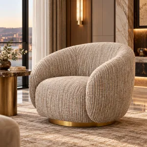 Beige Textured Fabric Lounge Chair with Curved Backrest and Golden Base - Luxury Hotel Furniture Lifestyle View by Luxury Group International