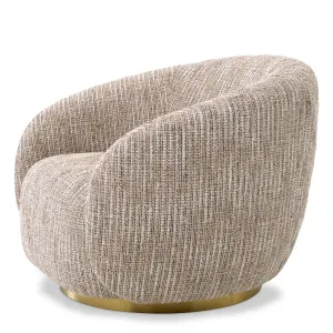 Beige Textured Fabric Lounge Chair with Curved Backrest and Golden Base - Luxury Hotel Furniture Side View by Luxury Group International