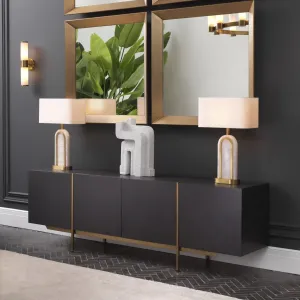Black Four Door Sideboard with Golden Metal Frame and Modern Floating Design - Luxury Hotel Furniture Lifestyle View by Luxury Group International