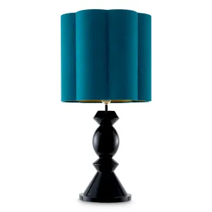 Black Sculptural Table Lamp with Teal Fabric Shade and Geometric Base - Luxury Hotel Furniture Detail View by Luxury Group International