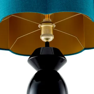 Black Sculptural Table Lamp with Teal Fabric Shade and Geometric Base - Luxury Hotel Furniture Front View by Luxury Group International