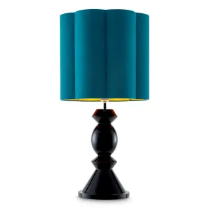 Black Sculptural Table Lamp with Teal Fabric Shade and Geometric Base - Luxury Hotel Furniture Front View by Luxury Group International