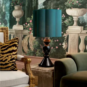 Black Sculptural Table Lamp with Teal Fabric Shade and Geometric Base - Luxury Hotel Furniture Lifestyle View by Luxury Group International