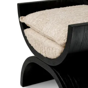 Black Wooden Stool with Cream Cushion and Curved Sculptural Frame - Luxury Hotel Furniture Detail View by Luxury Group International