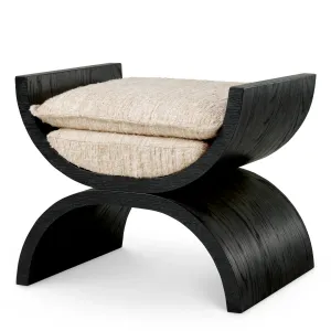 Black Wooden Stool with Cream Cushion and Curved Sculptural Frame - Luxury Hotel Furniture Front View by Luxury Group International