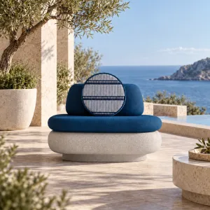 Blue Luxury Outdoor Lounge Chair with Grey Concrete Base - Luxury Hotel Furniture Lifestyle View by Luxury Group International
