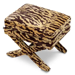 Taburete otomano marrón con rayas de tigre, estampado abstracto y base en forma de cruz - Mobiliario de lujo para hoteles Vista superior por Luxury Group International