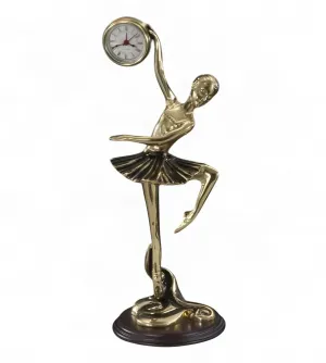 Luxury High-Pose Ballerina Bronze Sculpture with Raised Clock on Wooden Base - Luxury Bronze Figure Front View by Luxury Group International