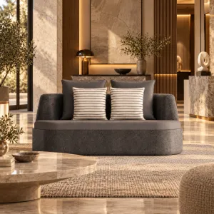Sofá Curvo Exterior en Gris Carbón con Cojines – 178 cm - Mobiliario de Hotel de Lujo Vista lifestyle por Luxury Group International