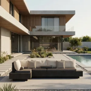Luxus L-förmiges Sofa aus Beton in Anthrazitgrau mit Kissen – Modernes Möbelstück Lifestyle-Ansicht von Luxury Group International