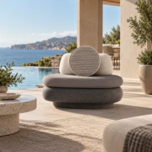Charcoal Grey Luxury Outdoor Lounge Chair with Round Striped Cushion - Outdoor Furniture Lifestyle View by Luxury Group International