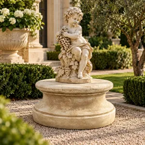 Runder Luxus-Gartenpodest mit konkaver Taille und profiliertem Rand – Gartendekoration Lifestyle-Ansicht von Luxury Group International
