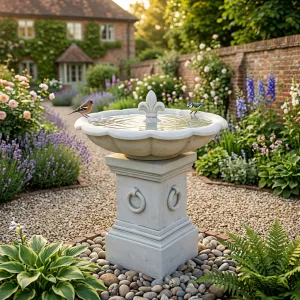 Klassisches Luxus-Gartenpodest mit Relief-Hängering und gestuftem Sockel – Gartendekoration Lifestyle-Ansicht von Luxury Group International