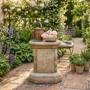 Klassisches Luxus-Gartenpodest mit skulptierten Blattornamenten an den Ecken – Gartendekoration Lifestyle-Ansicht von Luxury Group International