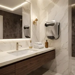 Compact Luxury Automatic Hand Dryer with Eco-Jet Technology in White & Grey Color Variations Lifestyle View by Luxury Group International