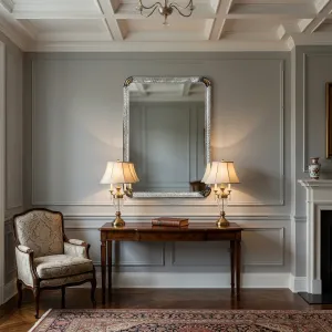 Espejo de Pared de Lujo Contemporáneo con Marco de Vidrio Plateado Texturizado y Esquinas Redondeadas en Oro Antiguo Vista lifestyle por Luxury Group International