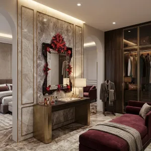 Miroir Mural de Luxe Contemporain à Motifs Floraux Rouges avec Cadre en Verre Bourgogne et Accents en Cristal Vue lifestyle par Luxury Group International