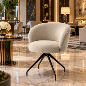 Cream Fabric Lounge Armchair with Curved Backrest and Black Metal Base - Luxury Hotel Furniture Lifestyle View by Luxury Group International