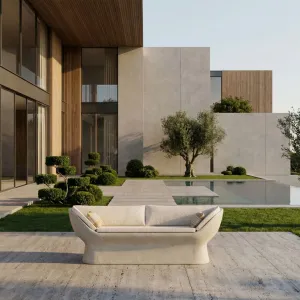 Cream Luxury Concrete Outdoor Sofa with Beige Cushions - Modern sofa Lifestyle View by Luxury Group International