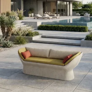 Cream Luxury Concrete Outdoor Sofa with Mustard Yellow Upholstery - Outdoor Furniture Lifestyle View by Luxury Group International