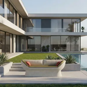 Cream Luxury Concrete Outdoor Sofa with Mustard Yellow Upholstery - Outdoor Furniture Lifestyle View by Luxury Group International