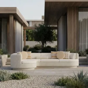 Cream Luxury Contemporary L-Shaped Sofa with Curved Left Chaise - Outdoor Furniture Lifestyle View by Luxury Group International