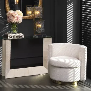 Cream Textured Fabric Lounge Chair with Curved Backrest and Golden Base - Luxury Hotel Furniture Lifestyle View by Luxury Group International