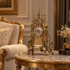 Luxus-Bronze-Tischuhr mit Halbmondaufsatz und barockem Durchbruch Lifestyle-Ansicht von Luxury Group International