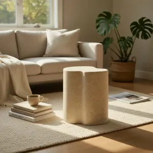 Geschwungener Skulpturaler Luxus-Nachttisch mit Struktur-Oberfläche Lifestyle-Ansicht von Luxury Group International