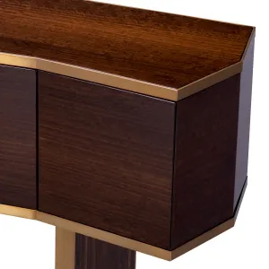 Dark Brown Wooden Sideboard with Golden Metal Trim and Four Door Storage - Luxury Hotel Furniture Detail View by Luxury Group International