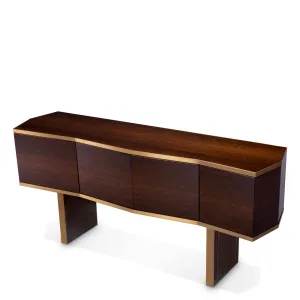 Dark Brown Wooden Sideboard with Golden Metal Trim and Four Door Storage - Luxury Hotel Furniture Front View by Luxury Group International