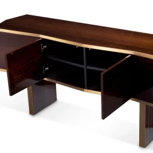 Dark Brown Wooden Sideboard with Golden Metal Trim and Four Door Storage - Luxury Hotel Furniture Inside View by Luxury Group International