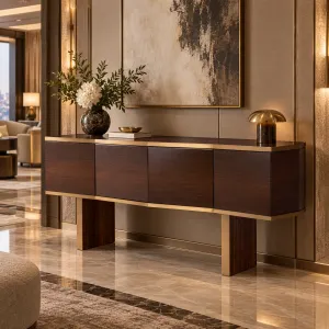 Dark Brown Wooden Sideboard with Golden Metal Trim and Four Door Storage - Luxury Hotel Furniture Lifestyle View by Luxury Group International