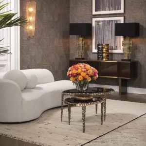 Dark Brown Wooden Sideboard with Golden Metal Trim and Four Door Storage - Luxury Hotel Furniture Lifestyle View by Luxury Group International