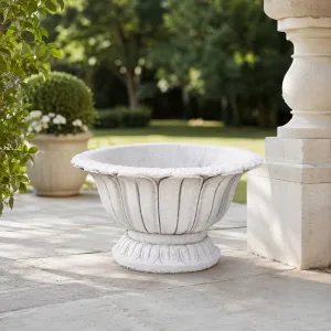 Decorative Fluted Bowl Garden Planter with Sculptural Pedestal Design - Luxury Planters Lifestyle View by Luxury Group International