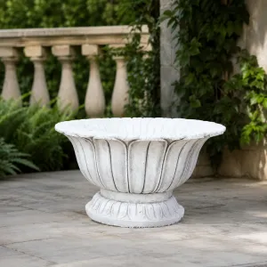 Decorative Fluted Bowl Garden Planter with Sculptural Pedestal Design - Luxury Planters Lifestyle View by Luxury Group International