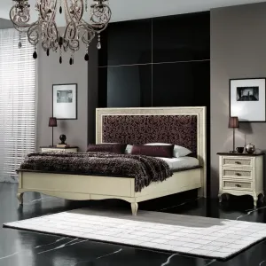 Designer Luxury Bed with Floral Embossed Dark Purple Velvet Headboard in Ivory Base Lifestyle View by Luxury Group International