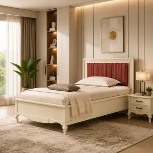 Designer Luxury Bed with Striped Upholstered Headboard in Ivory Base Frame Lifestyle View by Luxury Group International