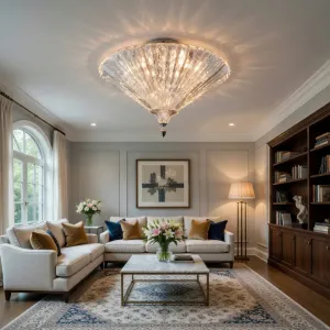 Elegante Lampada a Sospensione Art Deco in Vetro Trasparente Lucido con Paralume a Conchiglia Righettato Vista lifestyle di Luxury Group International