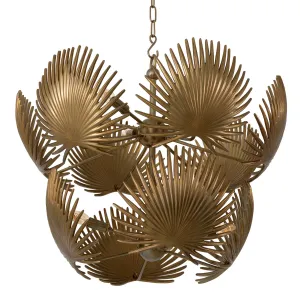 Elegant Modern Glam Chandelier in Gold Metal Finish with Palm Leaf Cage Front View by Luxury Group International
